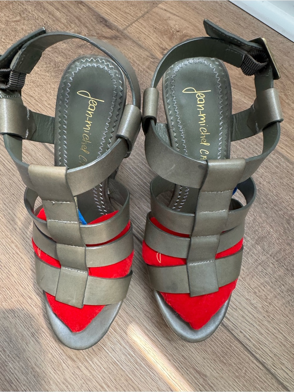 Jean-Michel Cazabat Olive Green Strappy Sandals with Red Insole